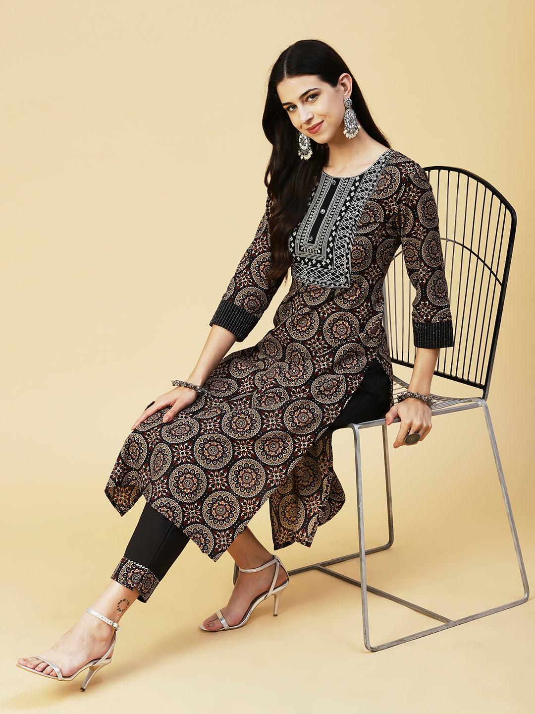 Multi Printed Zari & Mirror Embroidered Kurta With Pants - Black - Indiakreations