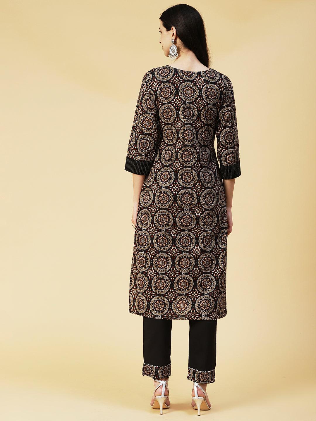 Multi Printed Zari & Mirror Embroidered Kurta With Pants - Black - Indiakreations