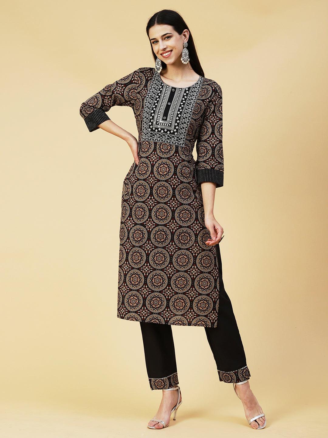 Multi Printed Zari & Mirror Embroidered Kurta With Pants - Black - Indiakreations