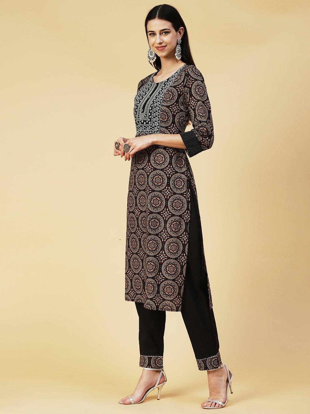 Multi Printed Zari & Mirror Embroidered Kurta With Pants - Black - Indiakreations