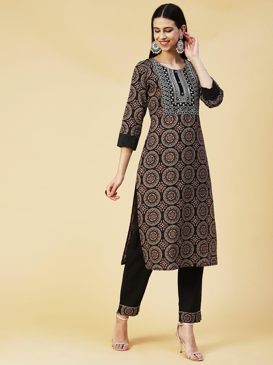 Multi Printed Zari & Mirror Embroidered Kurta With Pants - Black - Indiakreations