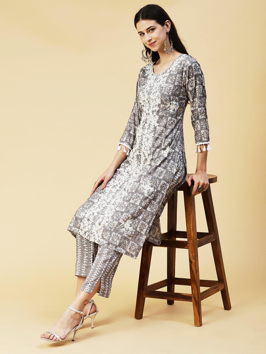 Abstract & Geometric Printed Mirror Embroidered Kurta With Pants - Grey - Indiakreations