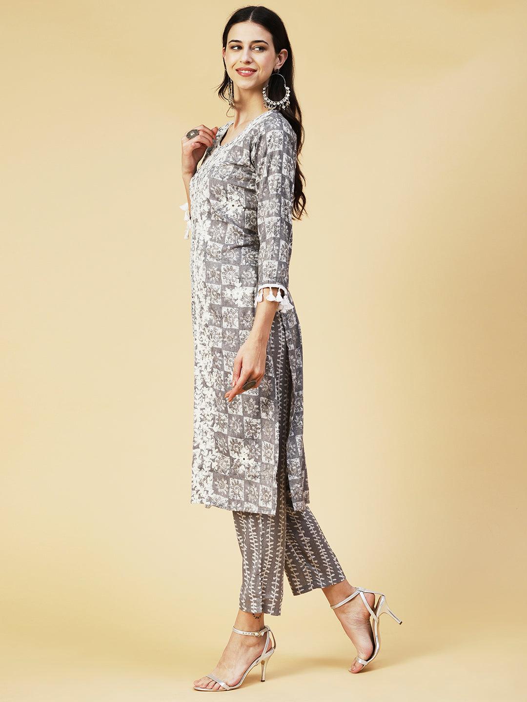 Abstract & Geometric Printed Mirror Embroidered Kurta With Pants - Grey - Indiakreations