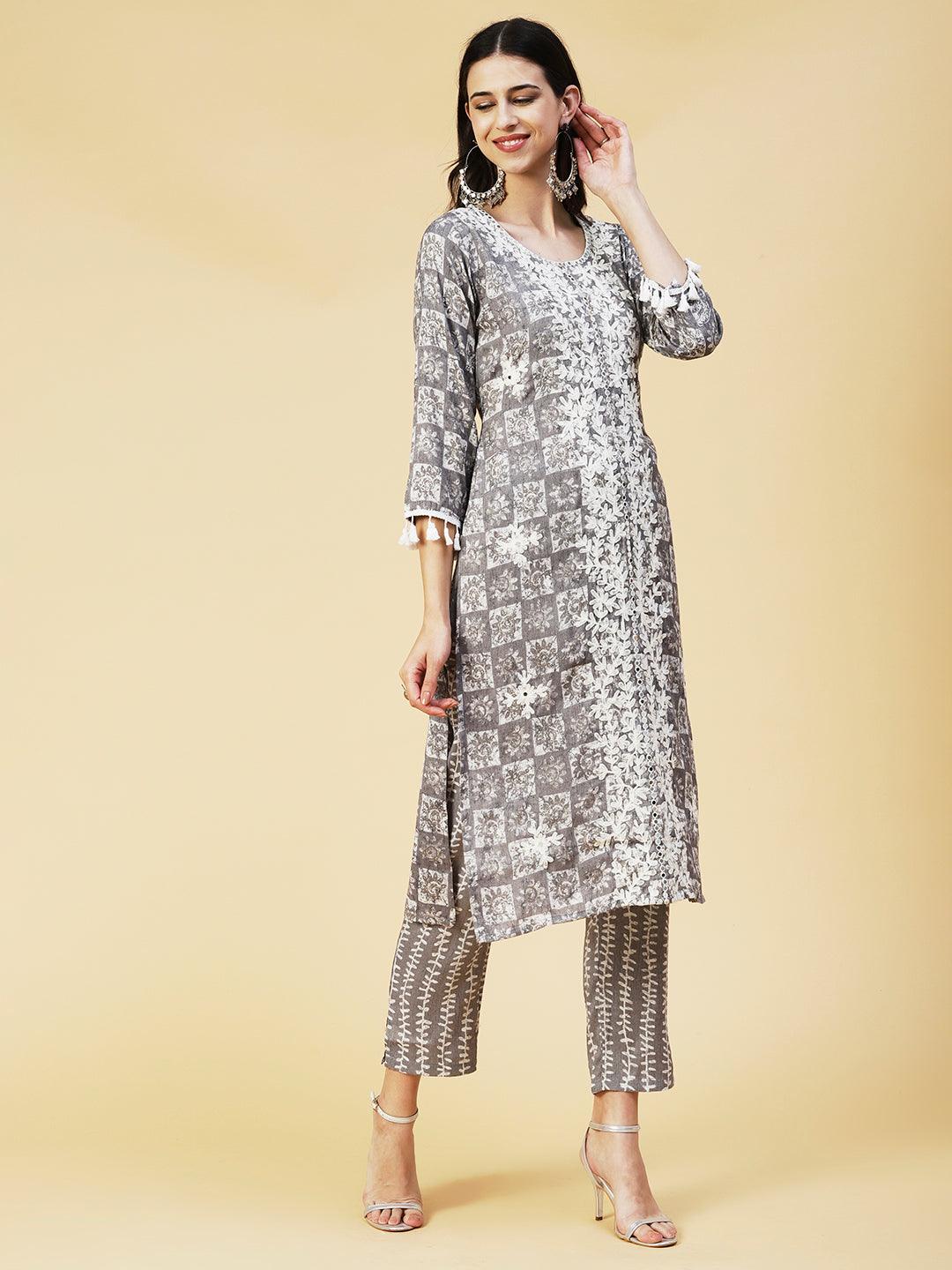 Abstract & Geometric Printed Mirror Embroidered Kurta With Pants - Grey - Indiakreations