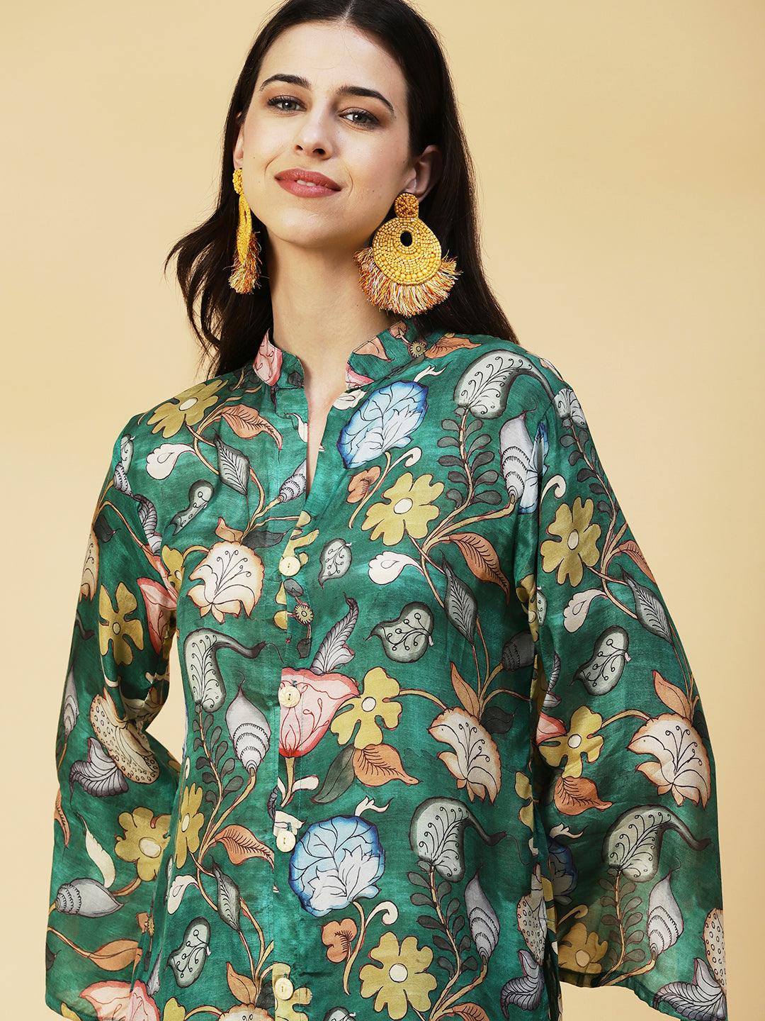 Kalamkari Floral Printed Co-ord Set - Green - Indiakreations