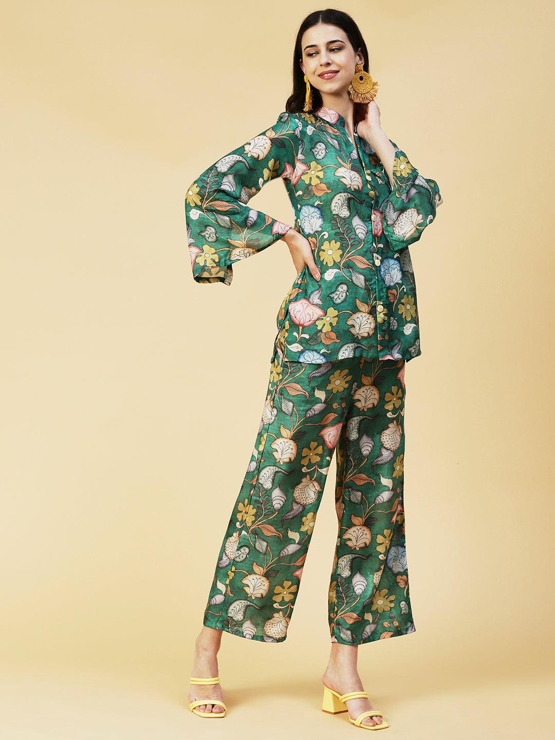 Kalamkari Floral Printed Co-ord Set - Green - Indiakreations