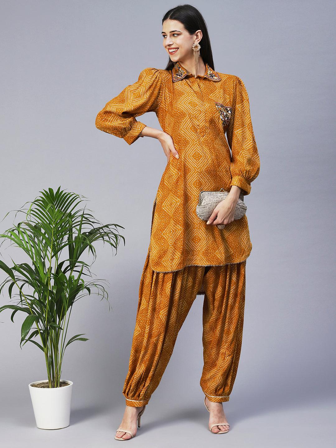 Bandhani Printed Mirror Embroidered Asymmetric Kurti With Salwar - Mustard - Indiakreations