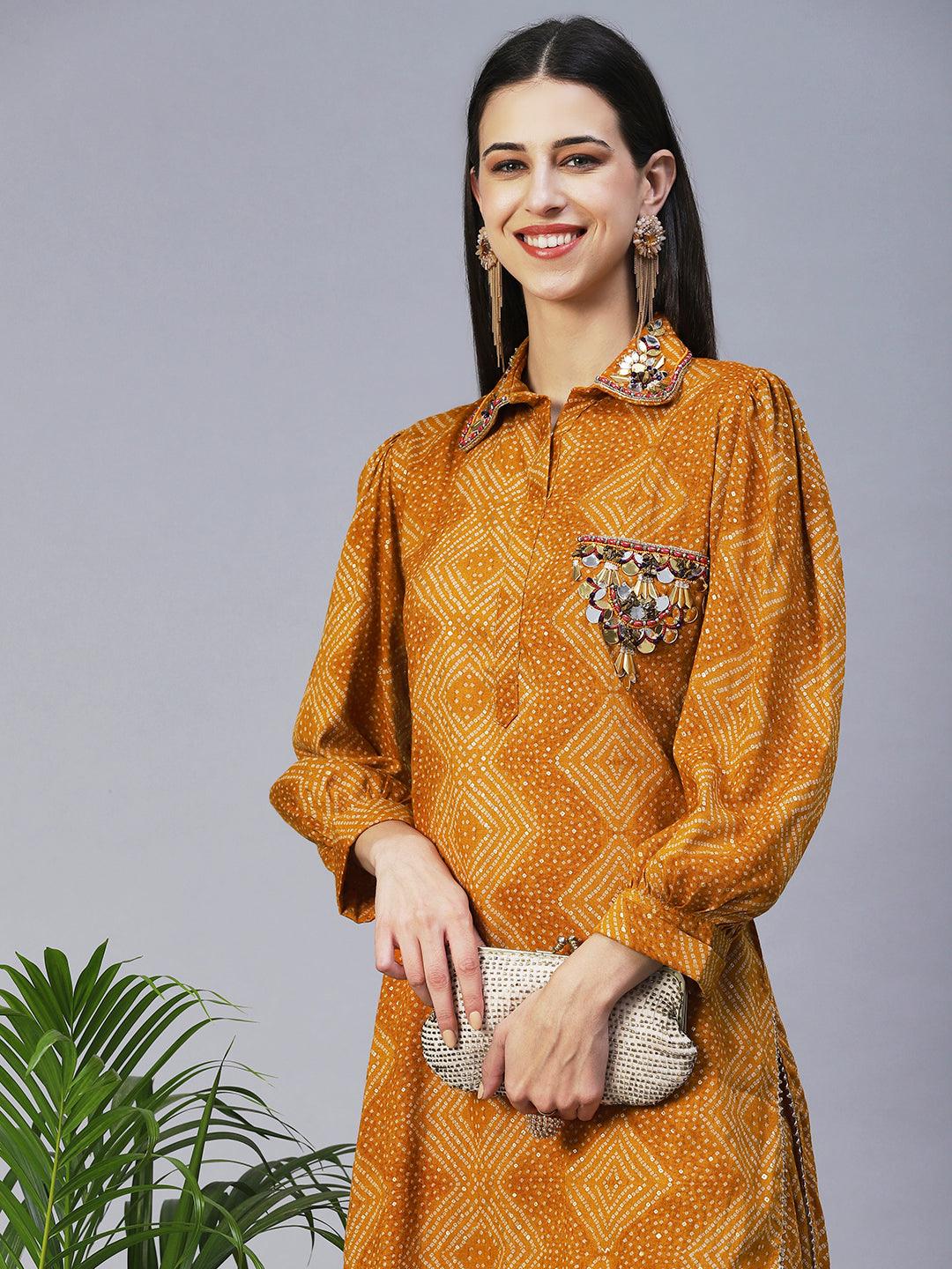 Bandhani Printed Mirror Embroidered Asymmetric Kurti With Salwar - Mustard - Indiakreations