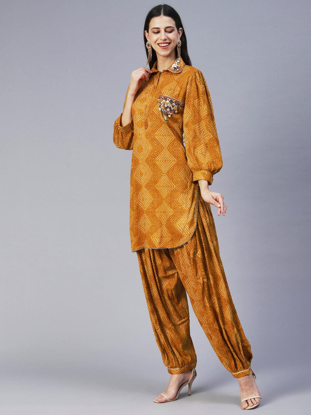 Bandhani Printed Mirror Embroidered Asymmetric Kurti With Salwar - Mustard - Indiakreations