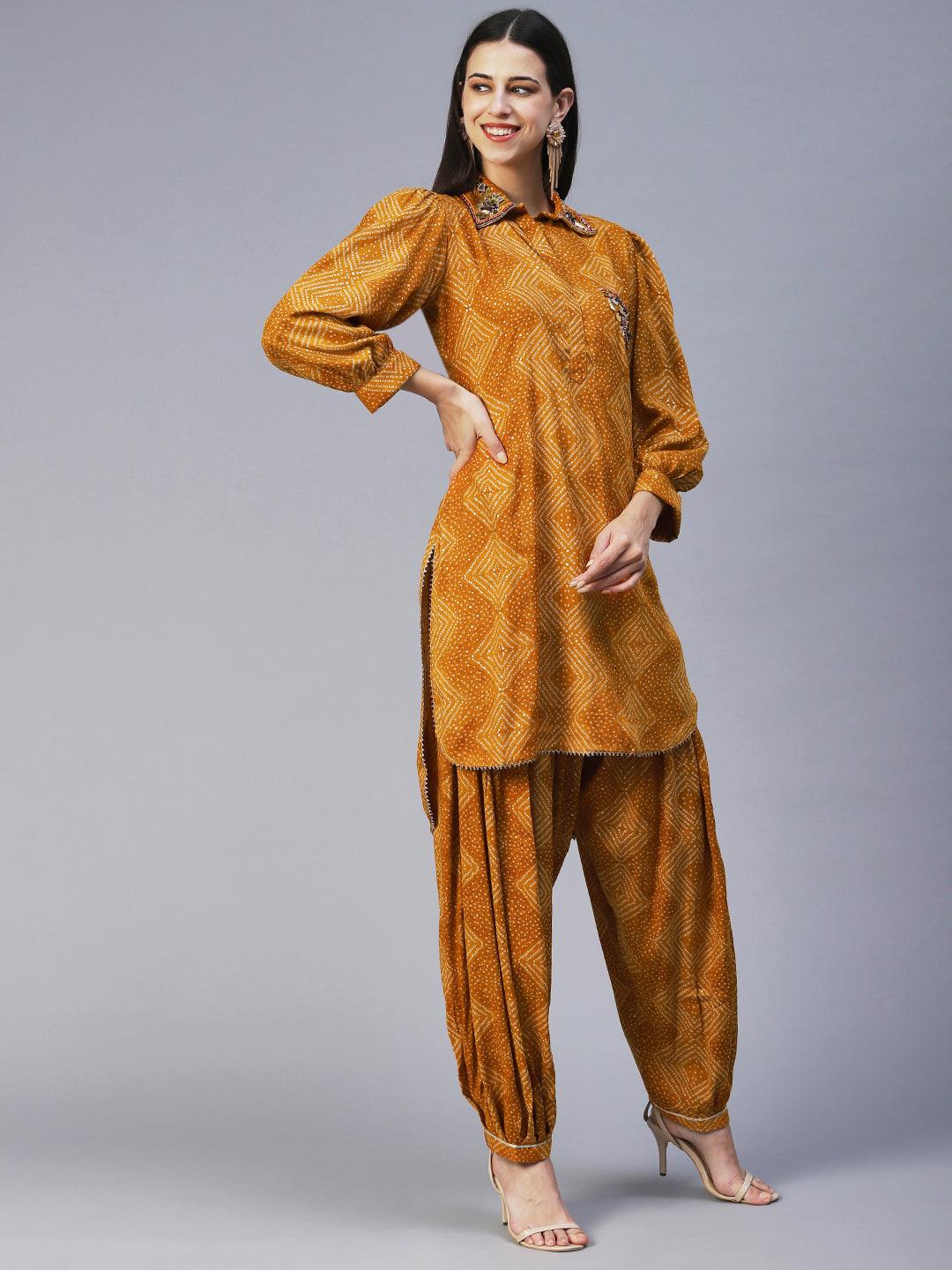 Bandhani Printed Mirror Embroidered Asymmetric Kurti With Salwar - Mustard - Indiakreations