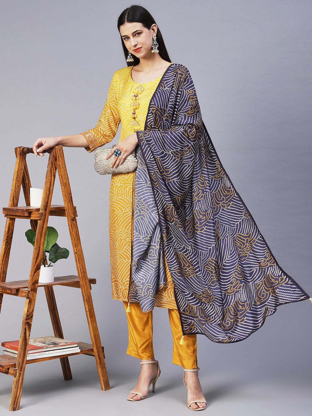 Bandhani Hand Embroidered Kurta With Pants & Bandhani Dupatta - Yellow - Indiakreations