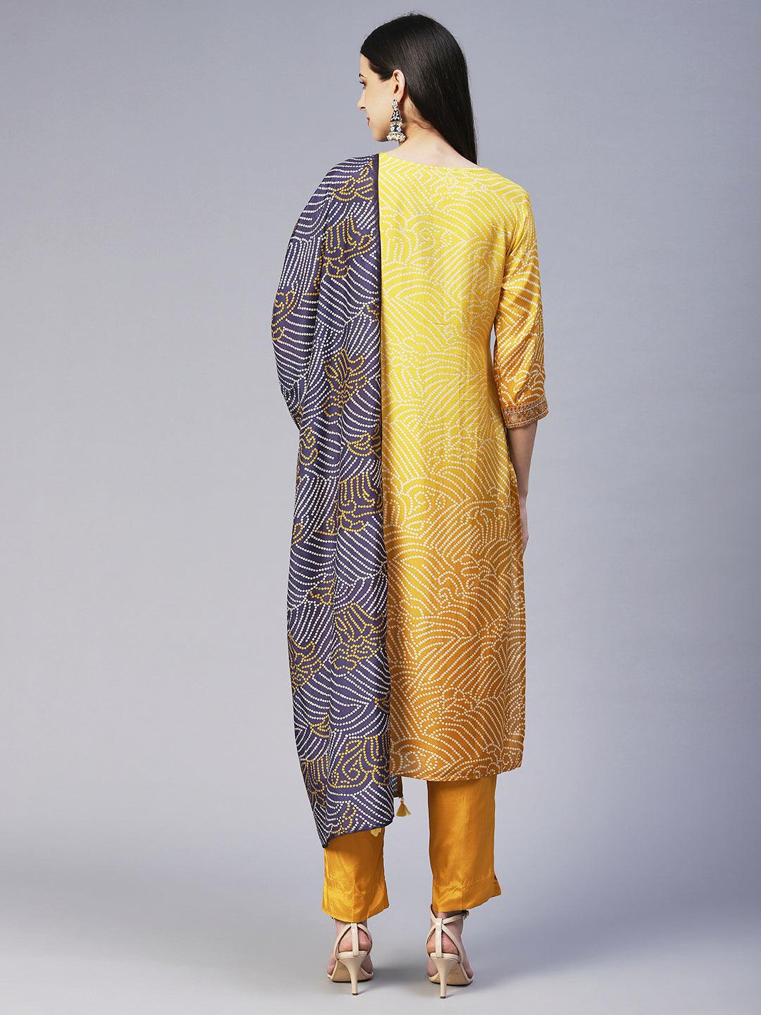 Bandhani Hand Embroidered Kurta With Pants & Bandhani Dupatta - Yellow - Indiakreations