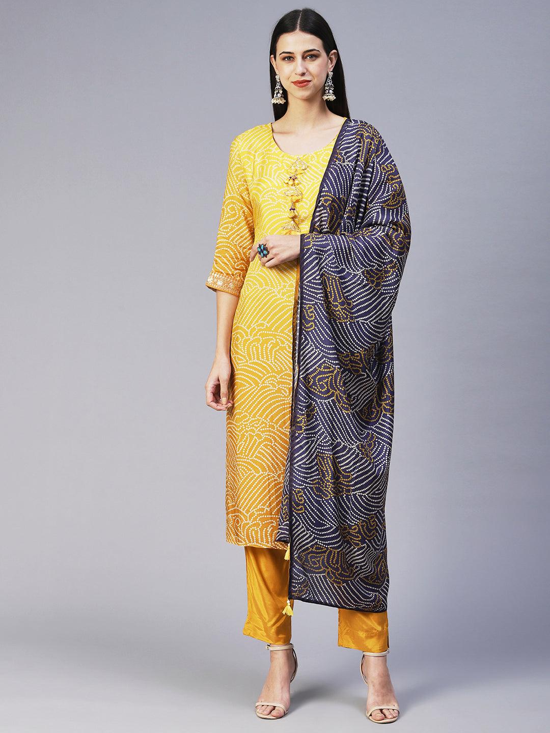 Bandhani Hand Embroidered Kurta With Pants & Bandhani Dupatta - Yellow - Indiakreations