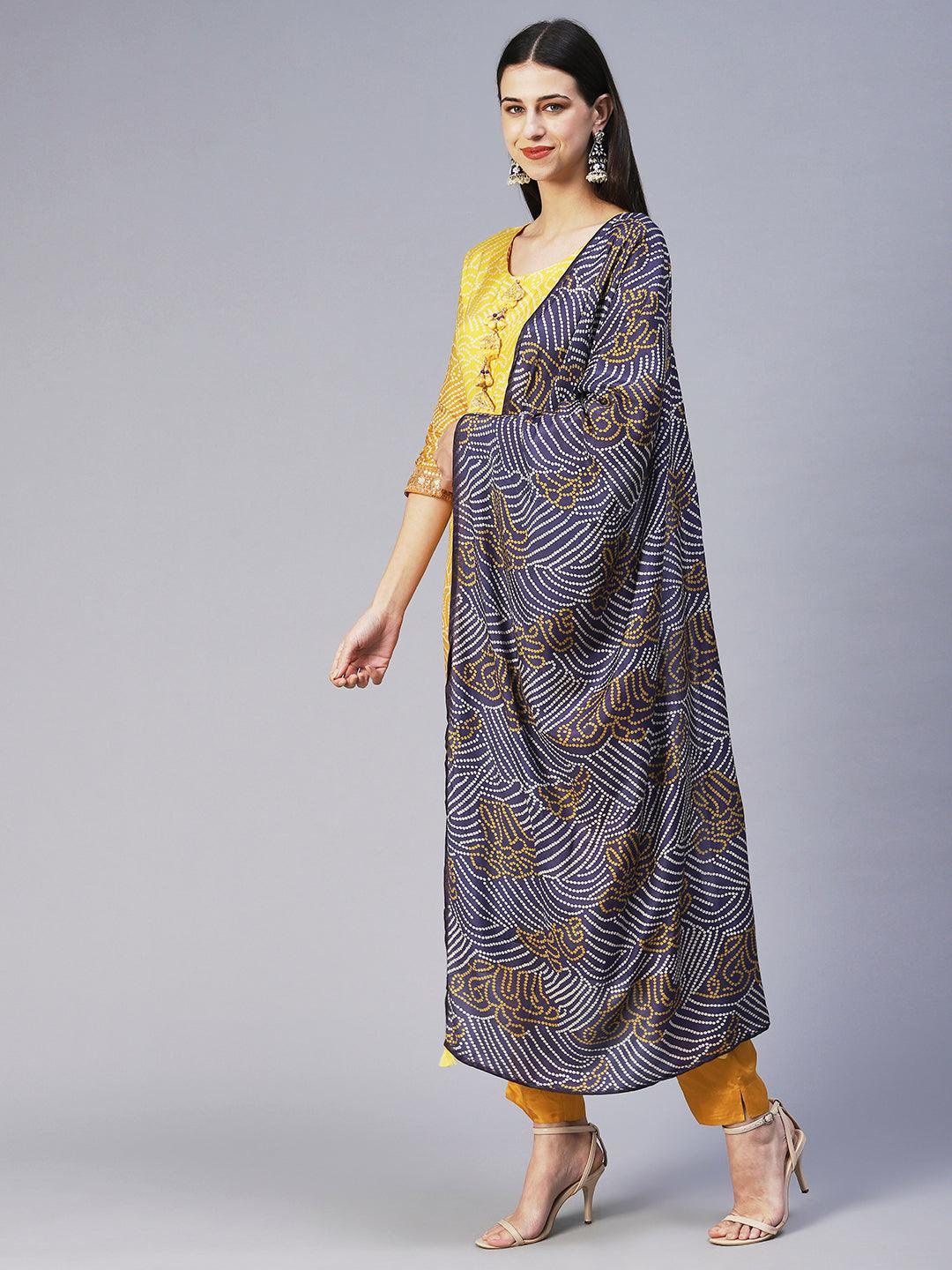 Bandhani Hand Embroidered Kurta With Pants & Bandhani Dupatta - Yellow - Indiakreations