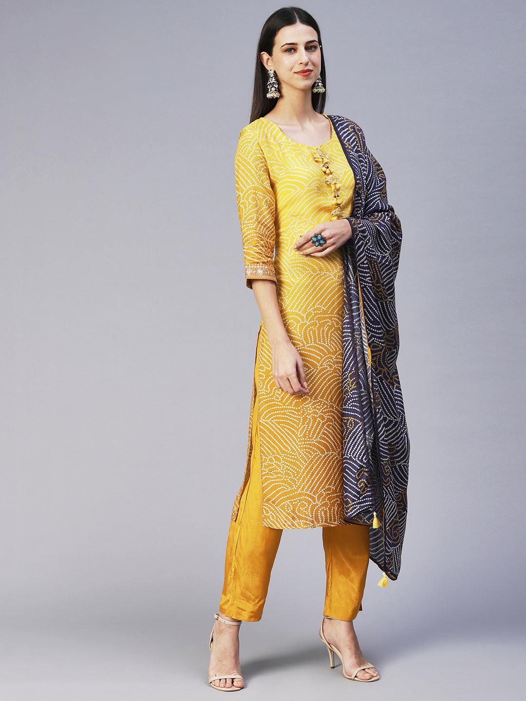 Bandhani Hand Embroidered Kurta With Pants & Bandhani Dupatta - Yellow - Indiakreations