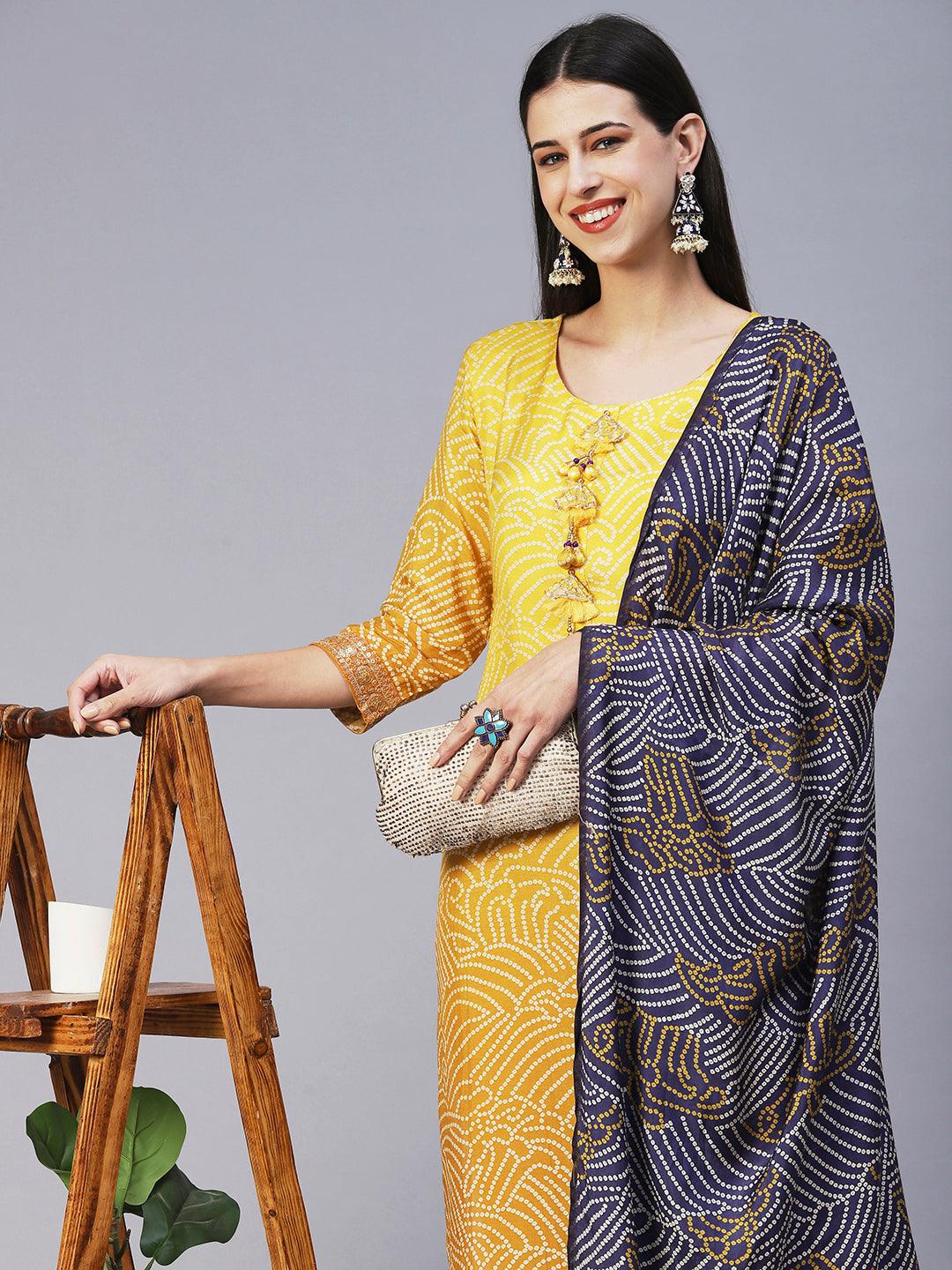 Bandhani Hand Embroidered Kurta With Pants & Bandhani Dupatta - Yellow - Indiakreations