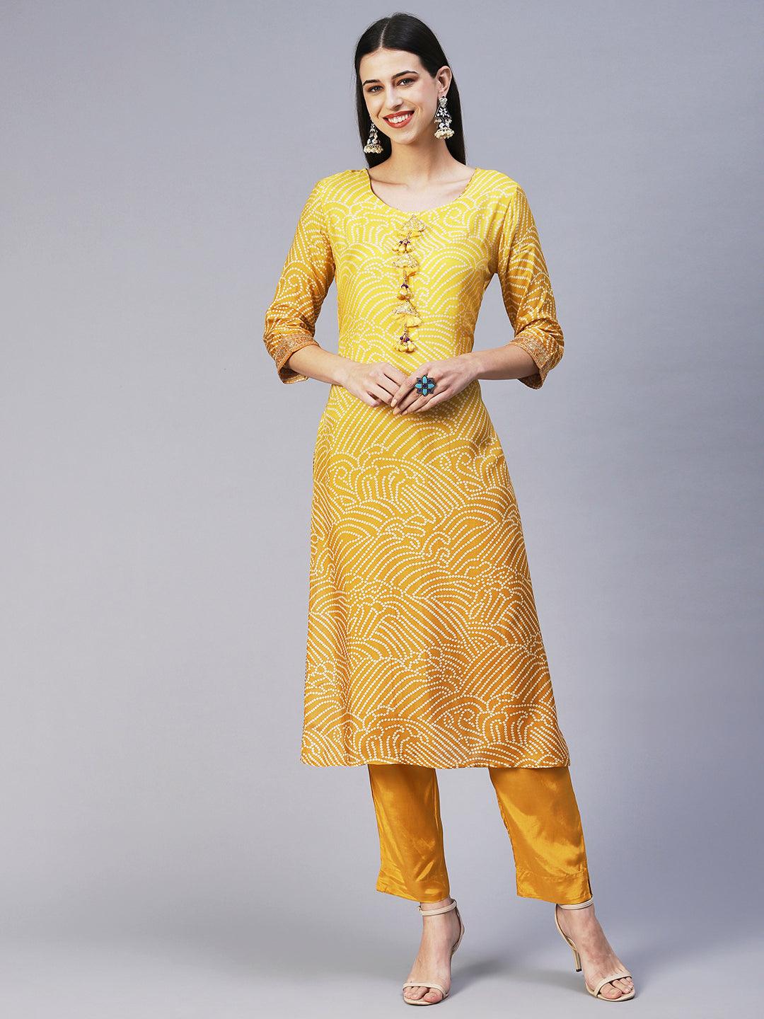 Bandhani Hand Embroidered Kurta With Pants & Bandhani Dupatta - Yellow - Indiakreations