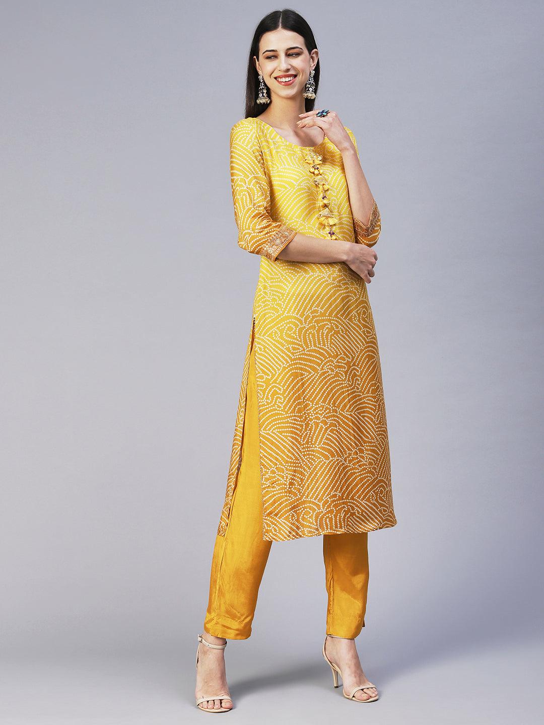 Bandhani Hand Embroidered Kurta With Pants & Bandhani Dupatta - Yellow - Indiakreations