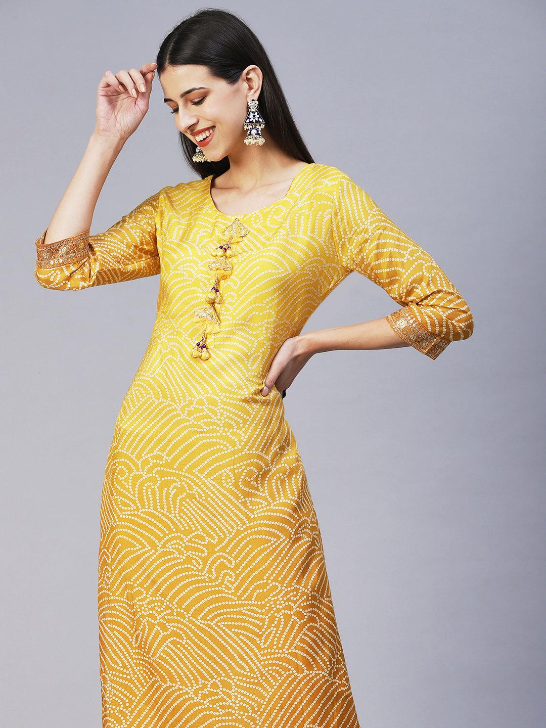 Bandhani Hand Embroidered Kurta With Pants & Bandhani Dupatta - Yellow - Indiakreations