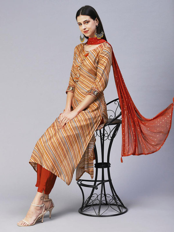 Daigonal Striped Resham Embroidered Kurta With Pants & Dupatta - Orange - Indiakreations