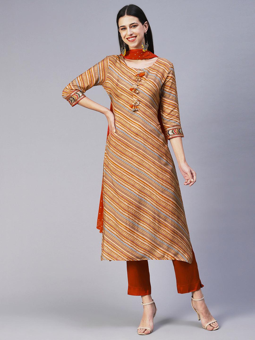 Daigonal Striped Resham Embroidered Kurta With Pants & Dupatta - Orange - Indiakreations