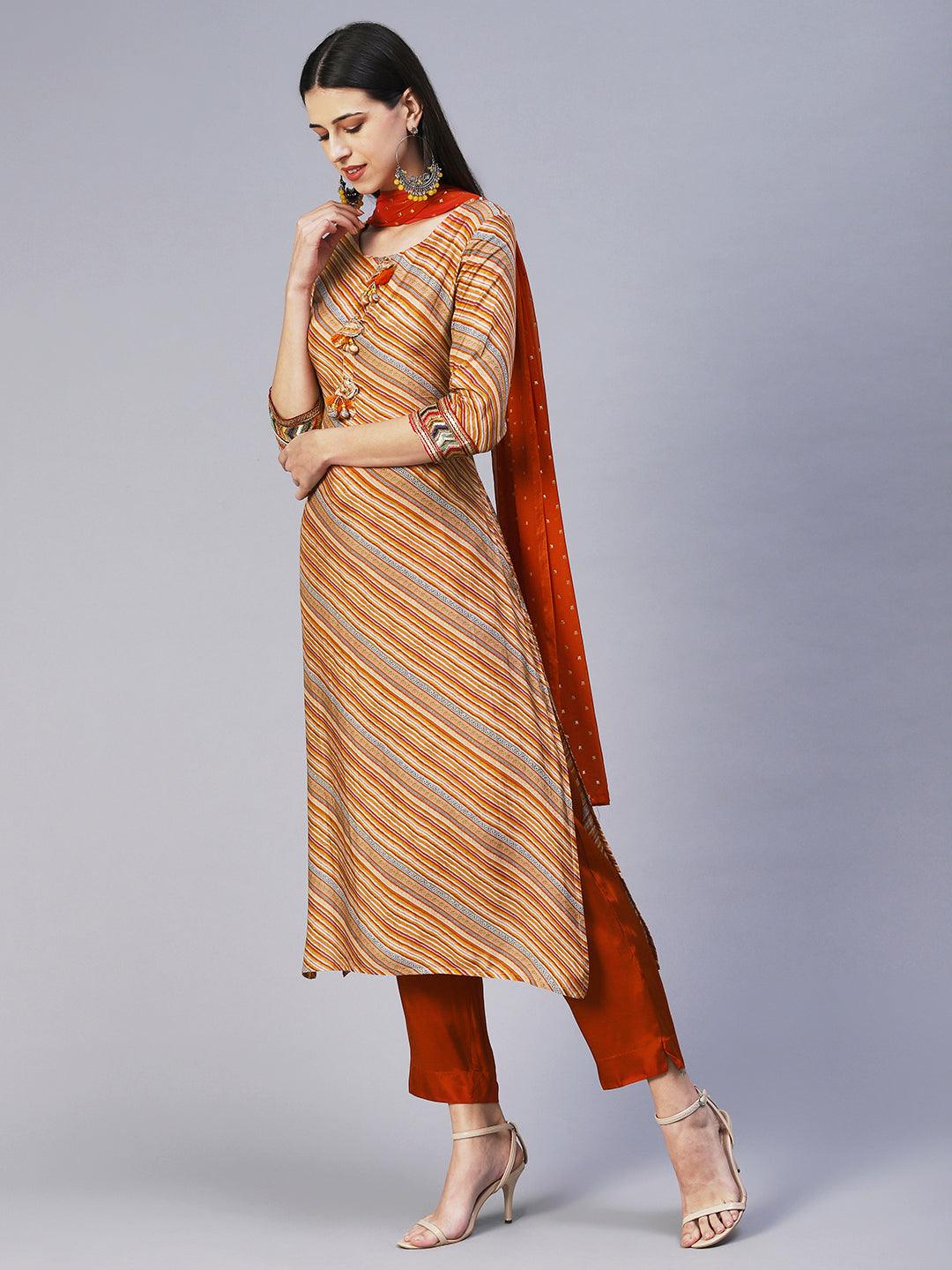 Daigonal Striped Resham Embroidered Kurta With Pants & Dupatta - Orange - Indiakreations