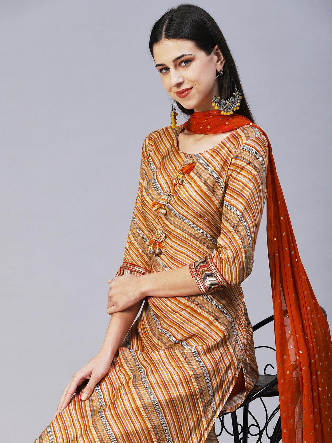 Daigonal Striped Resham Embroidered Kurta With Pants & Dupatta - Orange - Indiakreations