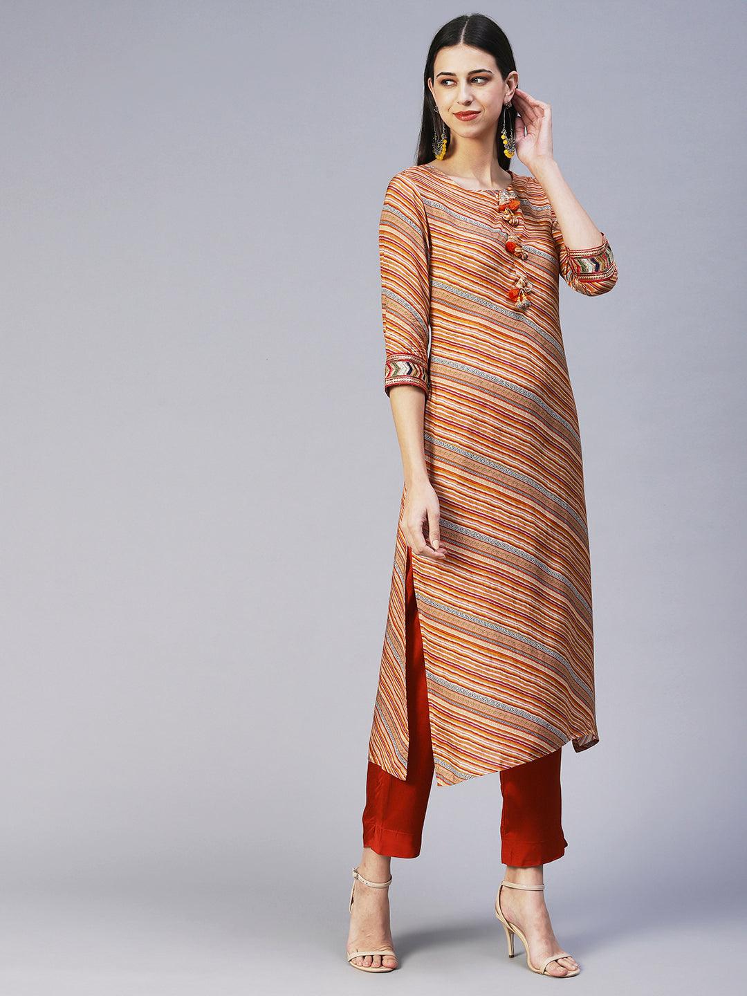 Daigonal Striped Resham Embroidered Kurta With Pants & Dupatta - Orange - Indiakreations