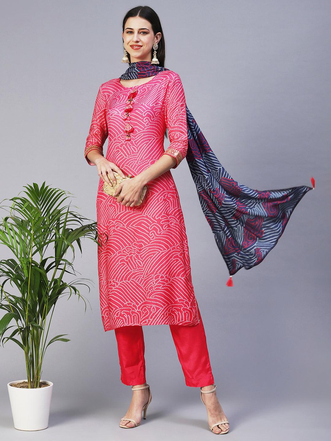 Bandhani Hand Embroidered Kurta With Pants & Bandhani Dupatta - Pink - Indiakreations