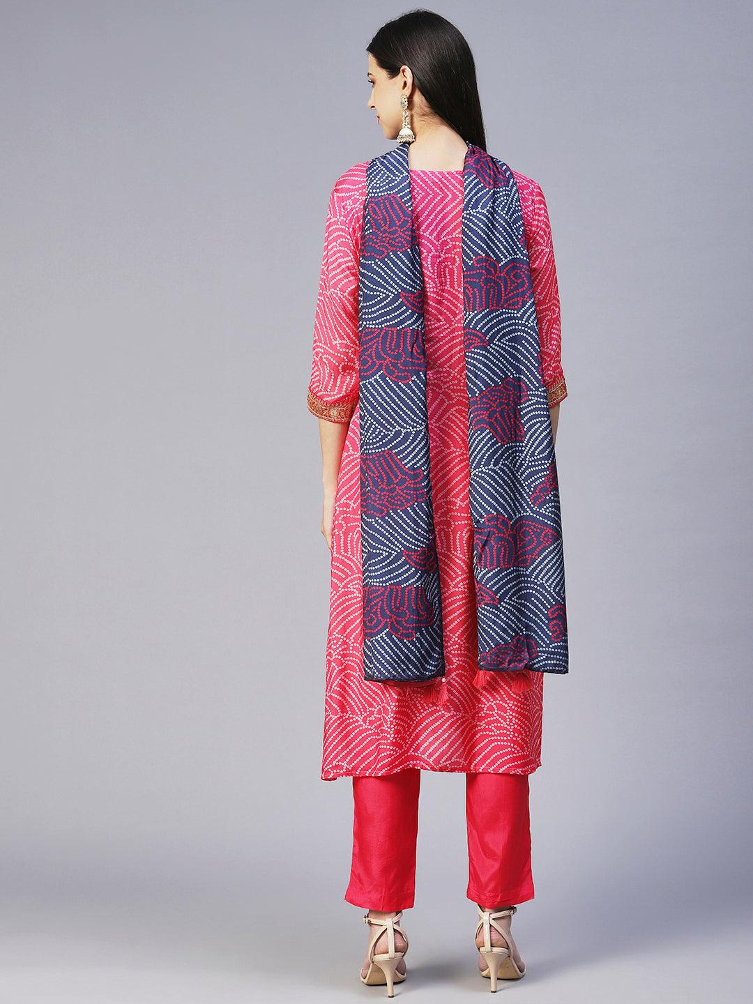 Bandhani Hand Embroidered Kurta With Pants & Bandhani Dupatta - Pink - Indiakreations