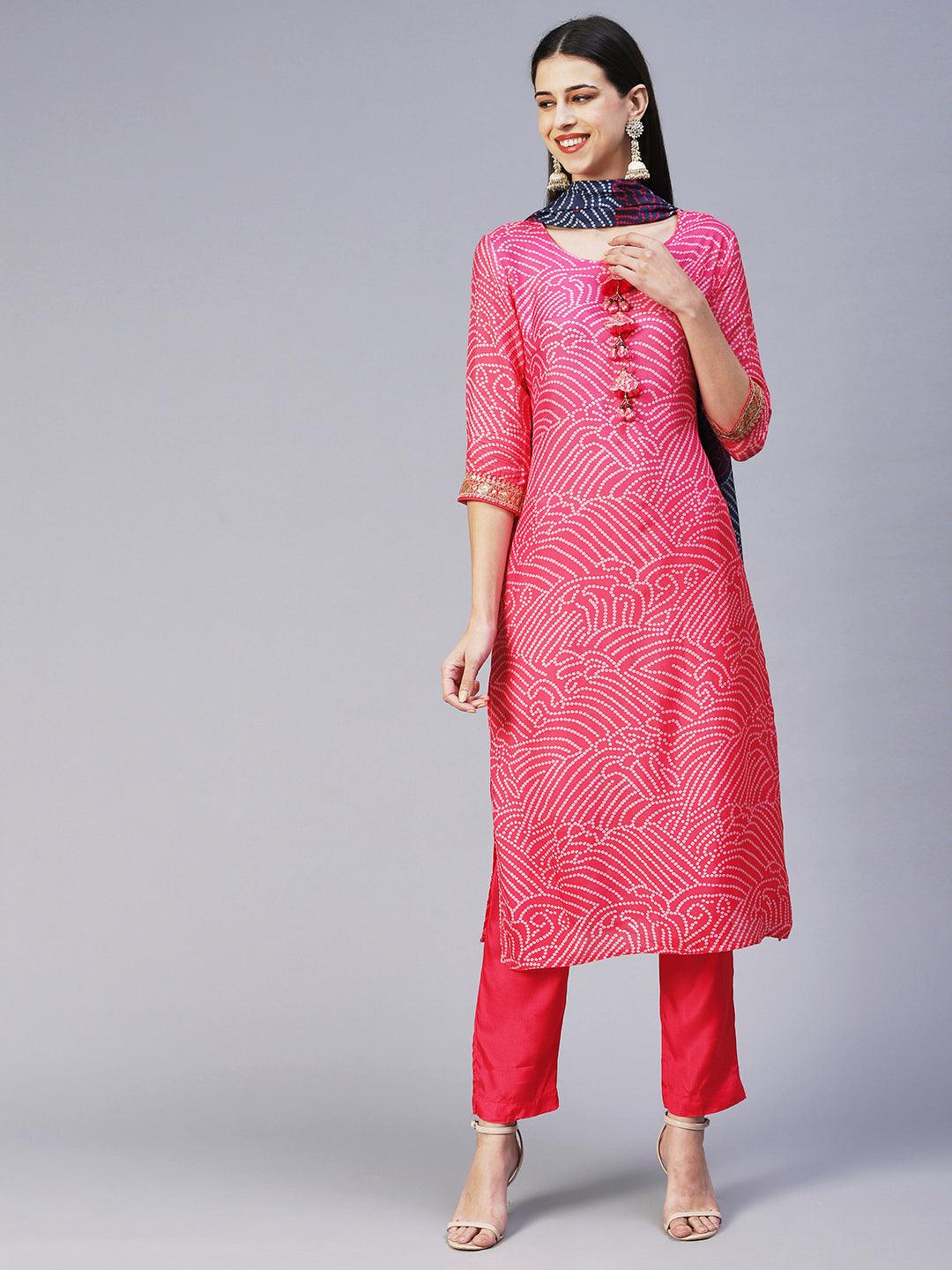 Bandhani Hand Embroidered Kurta With Pants & Bandhani Dupatta - Pink - Indiakreations