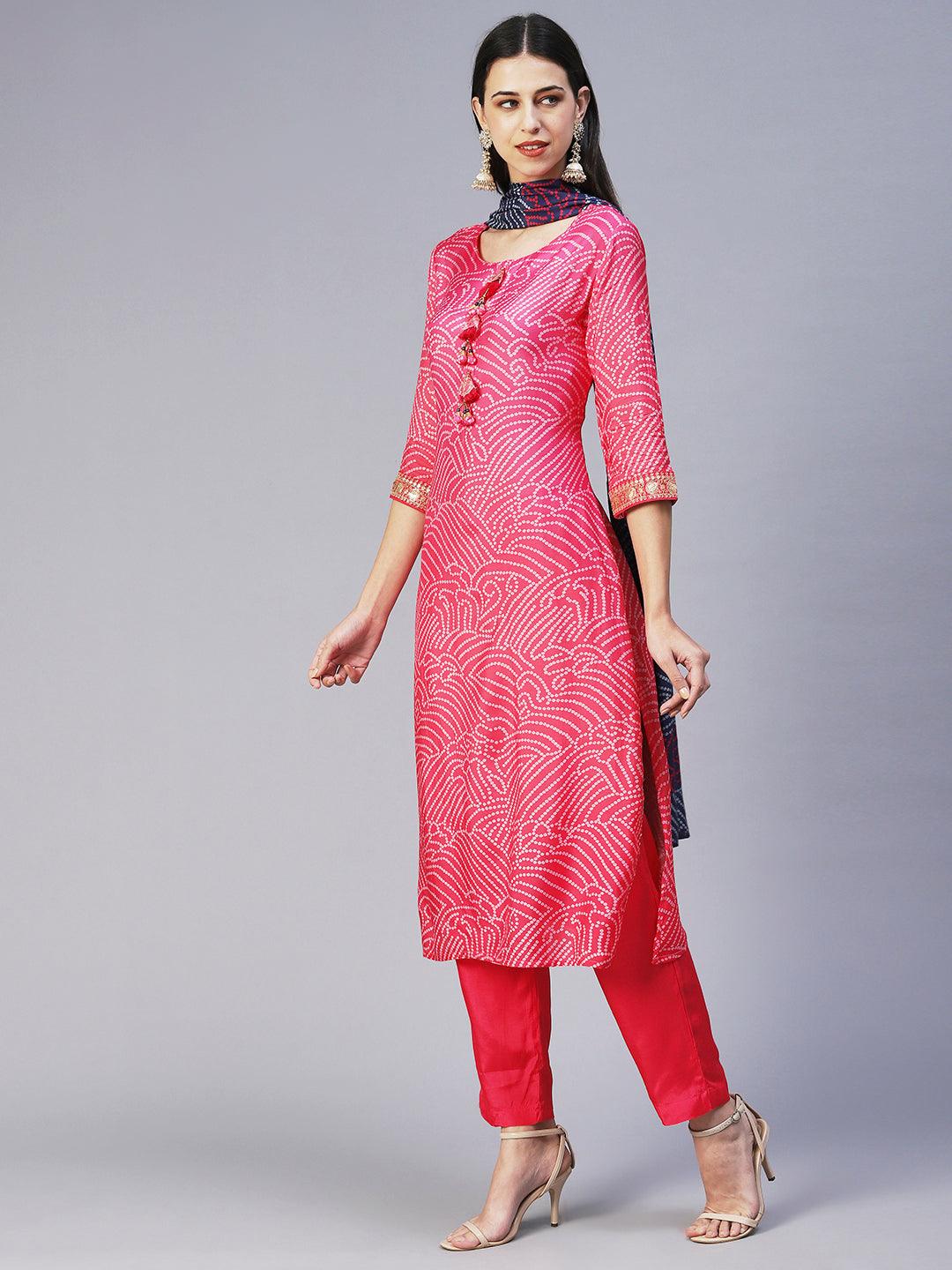 Bandhani Hand Embroidered Kurta With Pants & Bandhani Dupatta - Pink - Indiakreations