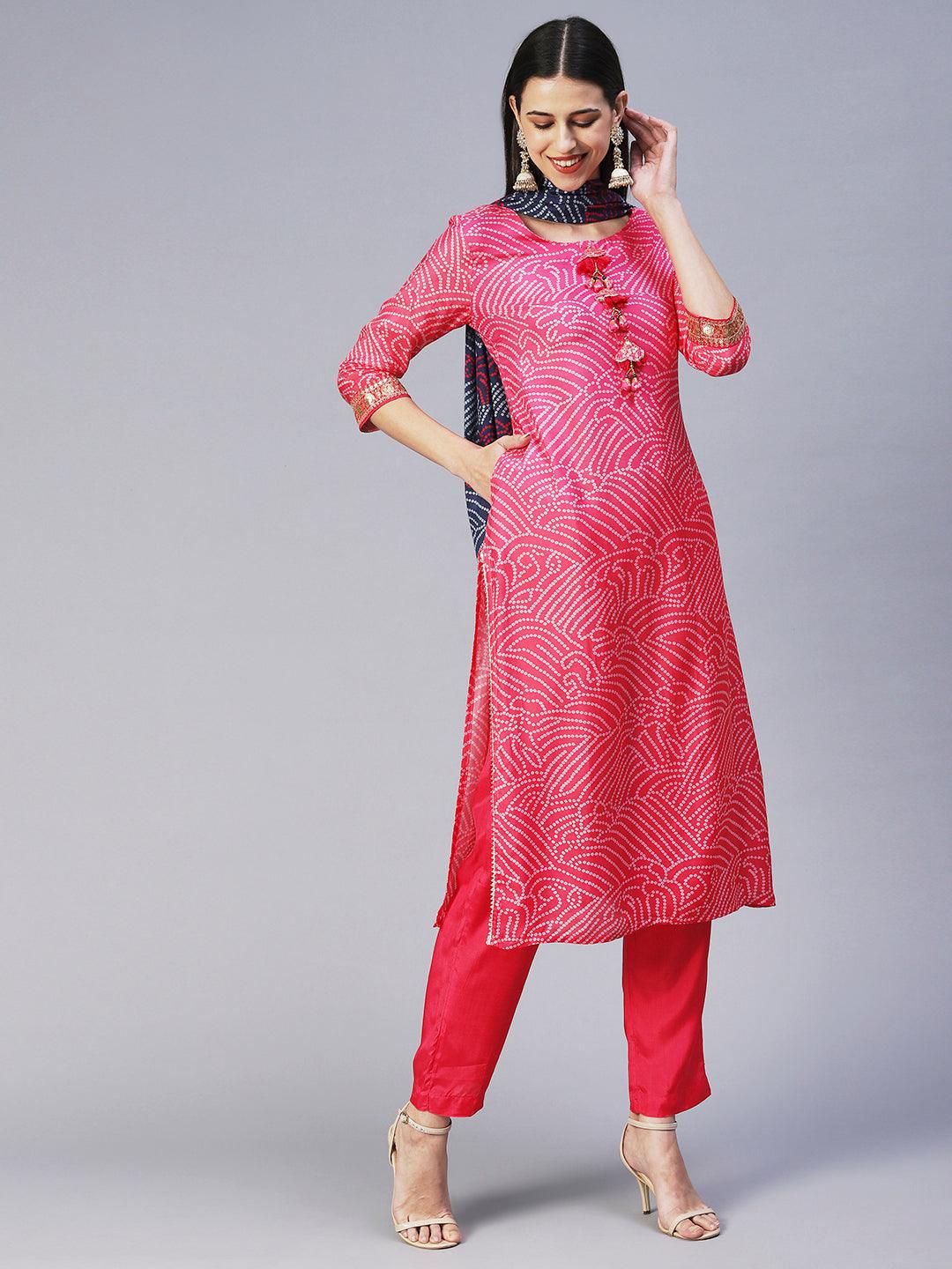 Bandhani Hand Embroidered Kurta With Pants & Bandhani Dupatta - Pink - Indiakreations