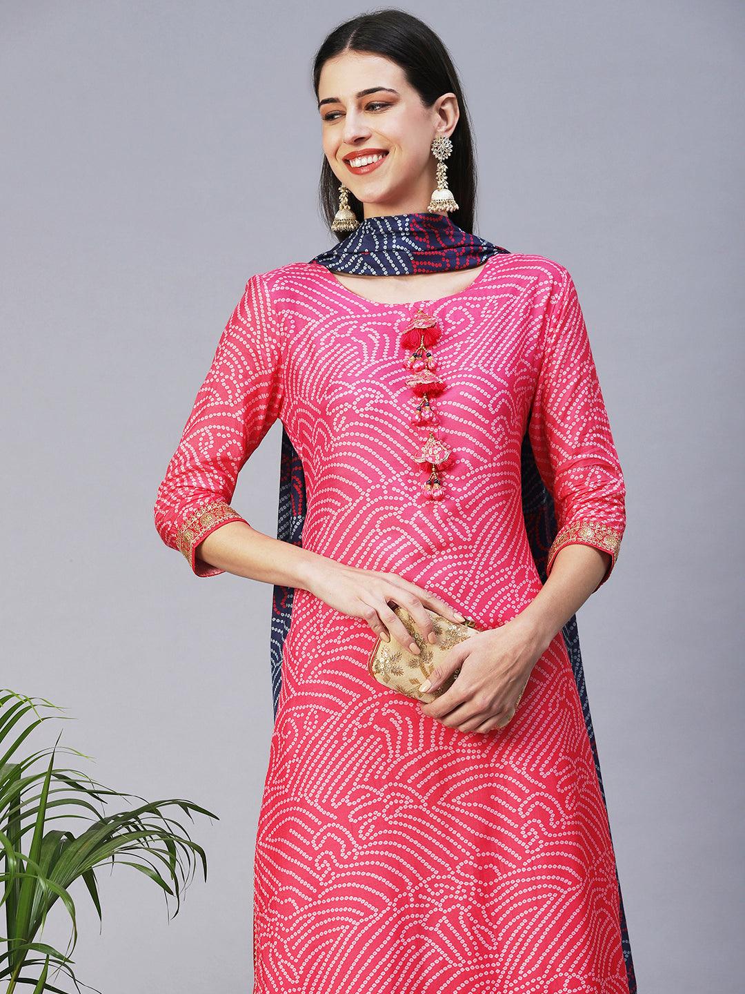 Bandhani Hand Embroidered Kurta With Pants & Bandhani Dupatta - Pink - Indiakreations