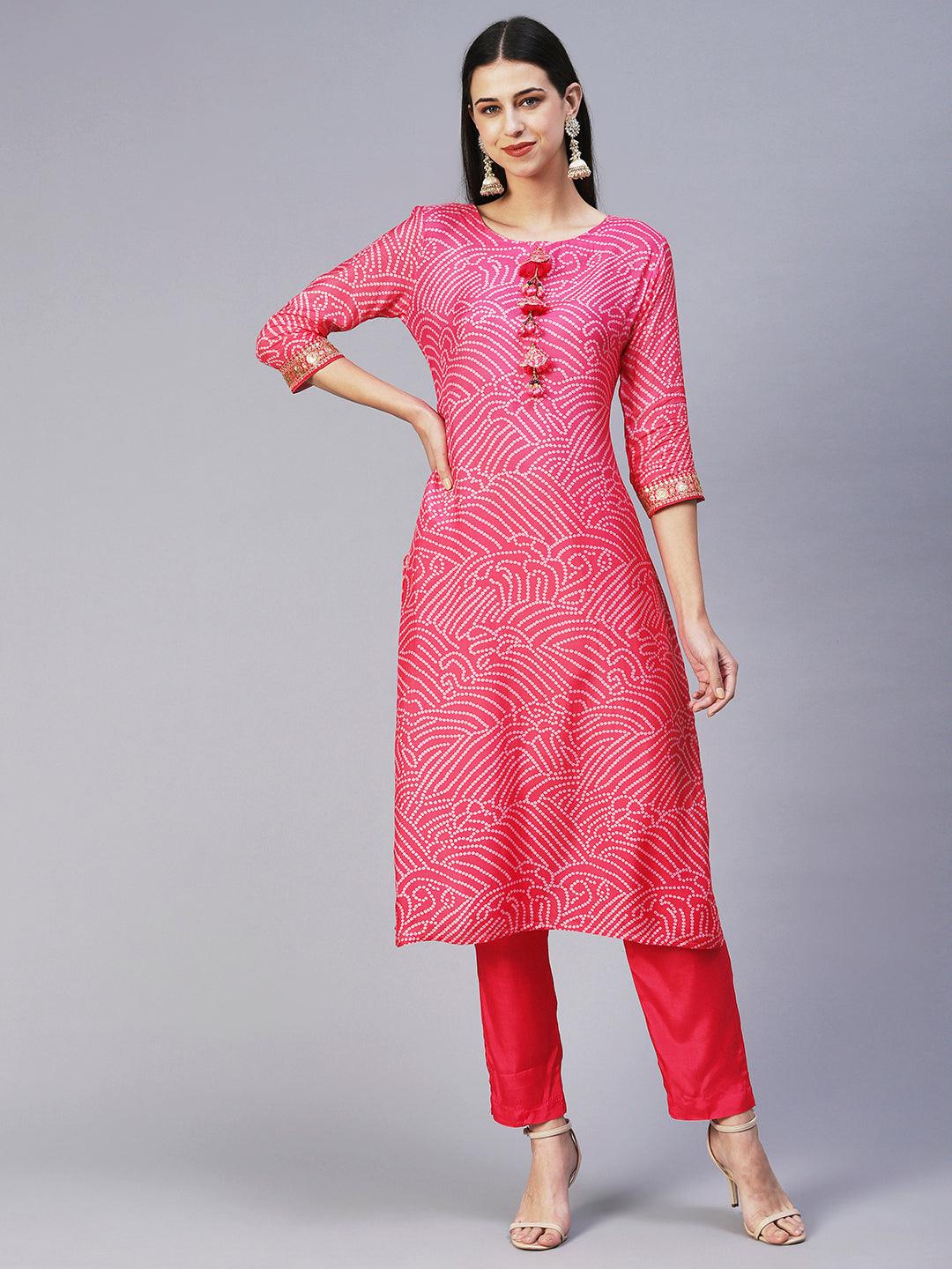 Bandhani Hand Embroidered Kurta With Pants & Bandhani Dupatta - Pink - Indiakreations