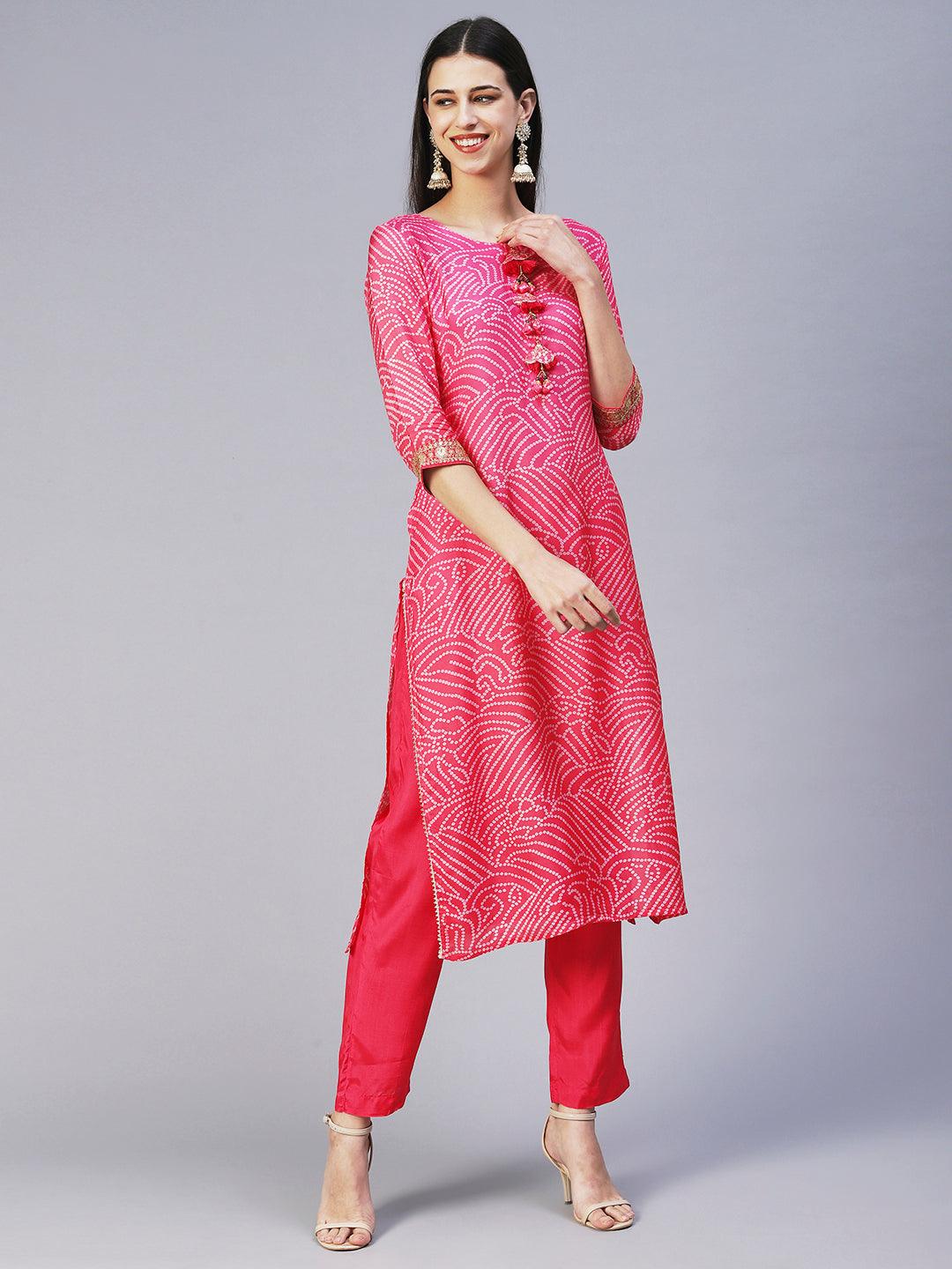 Bandhani Hand Embroidered Kurta With Pants & Bandhani Dupatta - Pink - Indiakreations