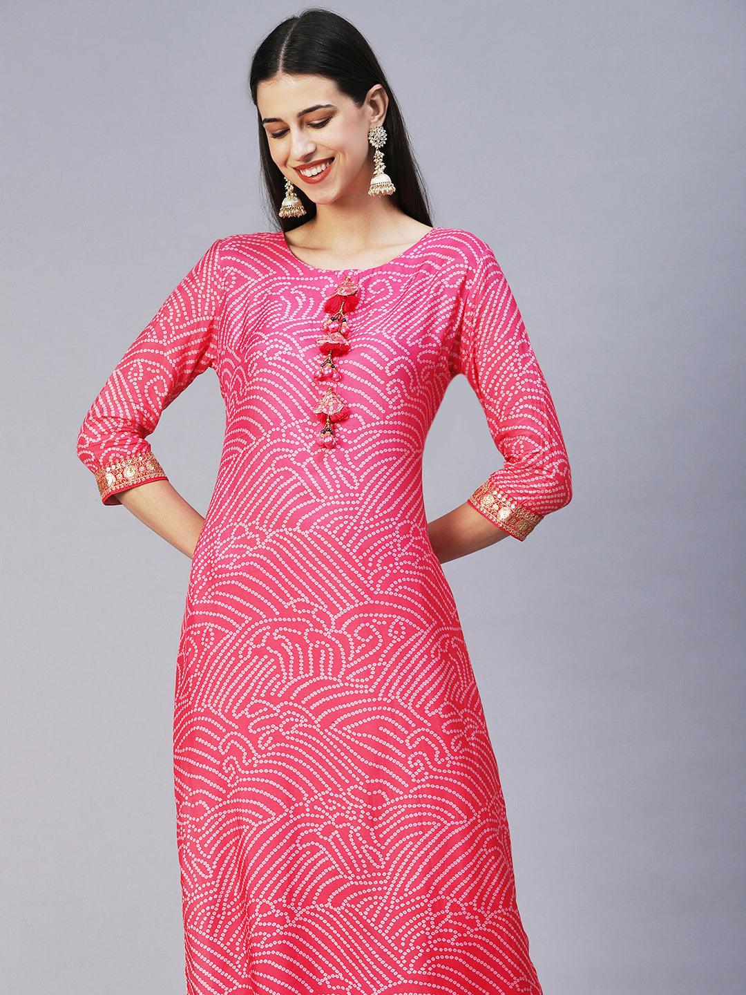 Bandhani Hand Embroidered Kurta With Pants & Bandhani Dupatta - Pink - Indiakreations