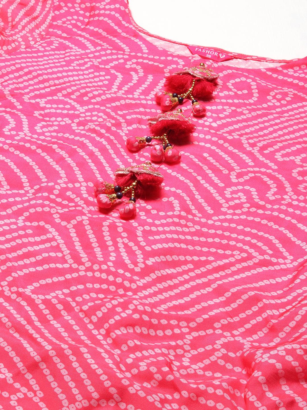 Bandhani Hand Embroidered Kurta With Pants & Bandhani Dupatta - Pink - Indiakreations