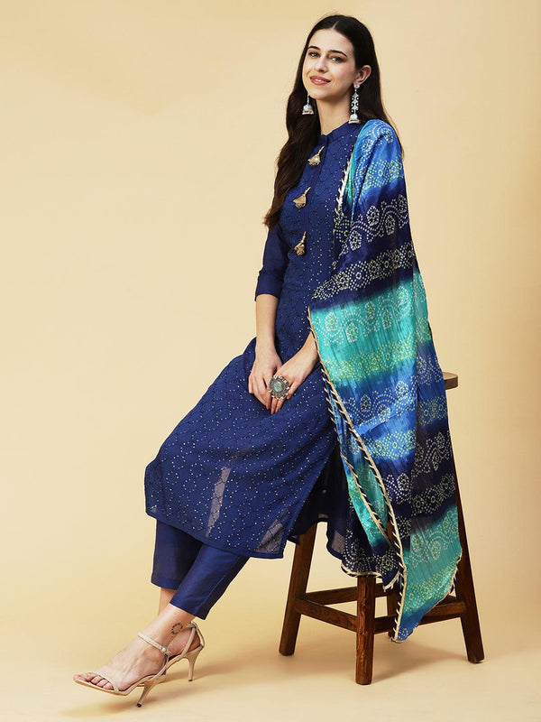 Solid Resham & Sequins Embroidered Kurta With Pants & Bandhani Dupatta - Blue - Indiakreations