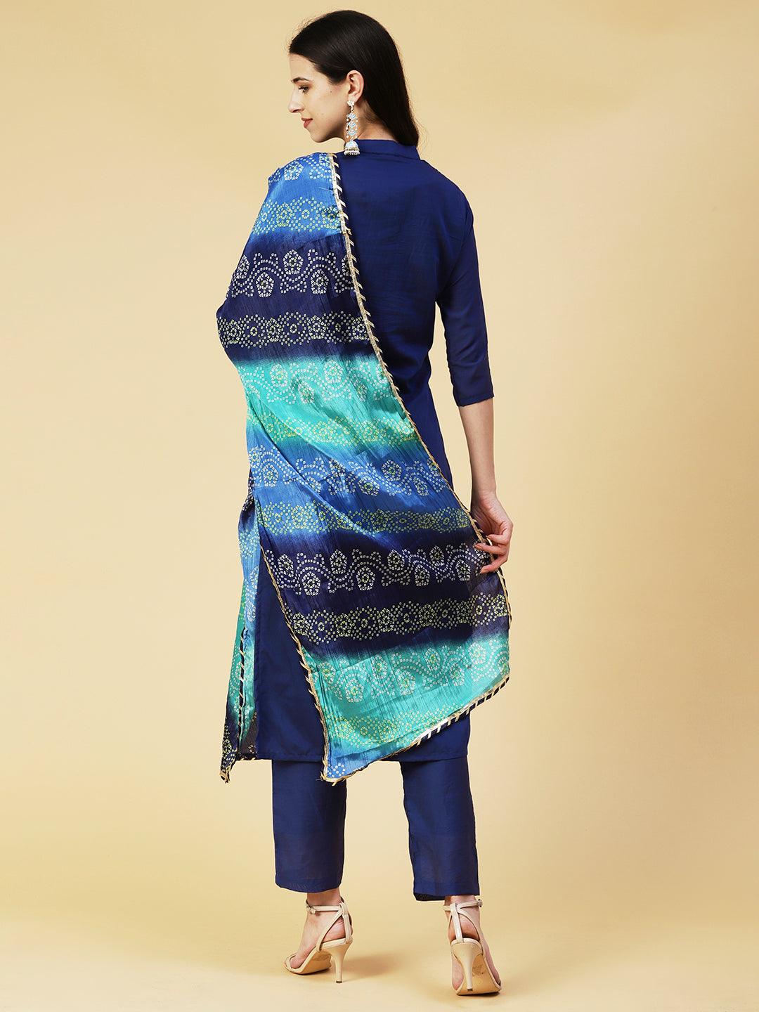 Solid Resham & Sequins Embroidered Kurta With Pants & Bandhani Dupatta - Blue - Indiakreations