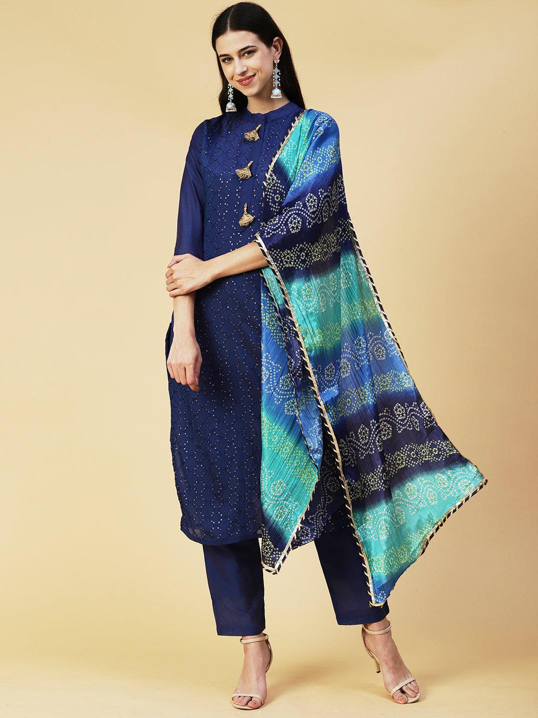 Solid Resham & Sequins Embroidered Kurta With Pants & Bandhani Dupatta - Blue - Indiakreations