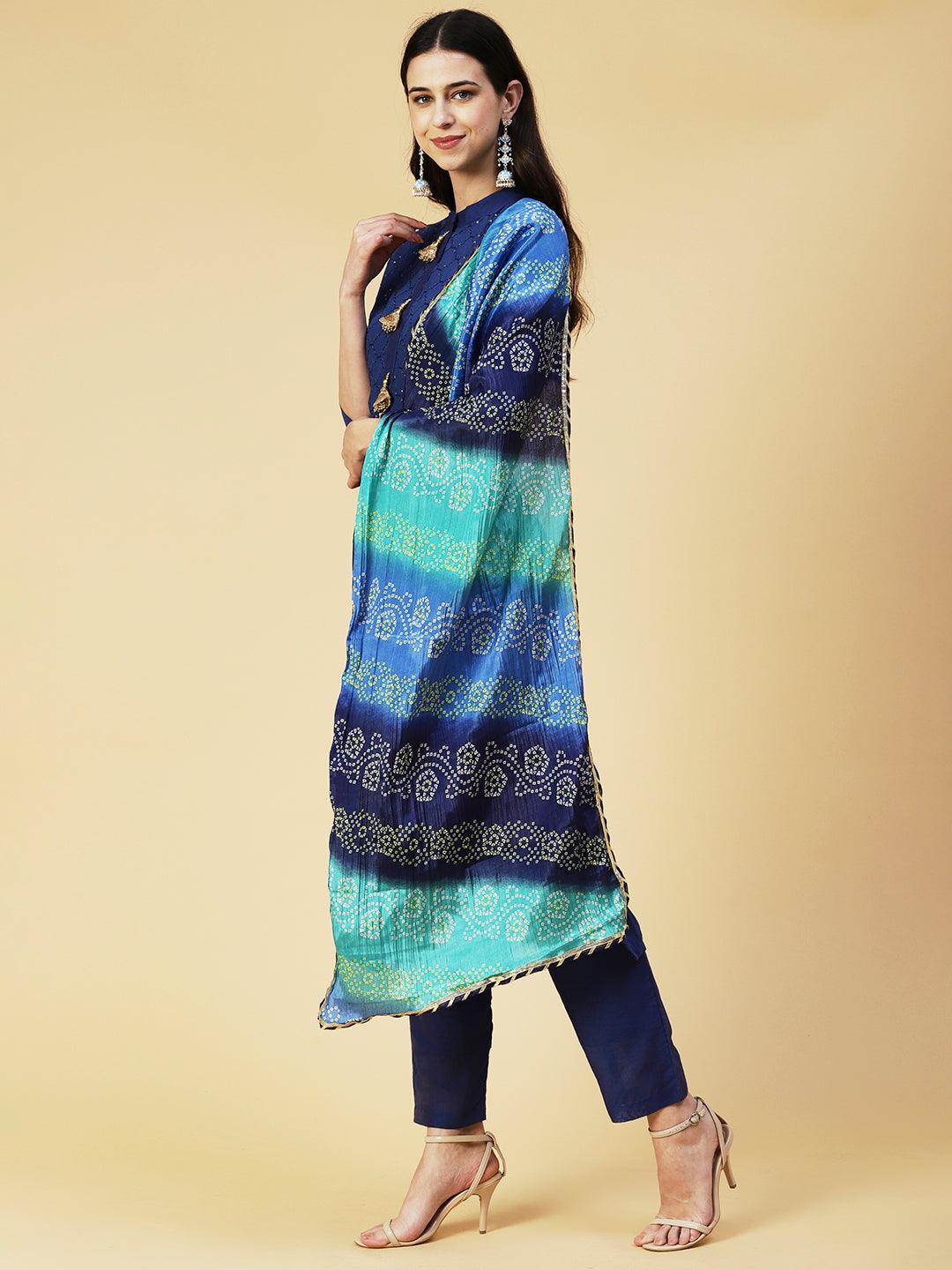 Solid Resham & Sequins Embroidered Kurta With Pants & Bandhani Dupatta - Blue - Indiakreations