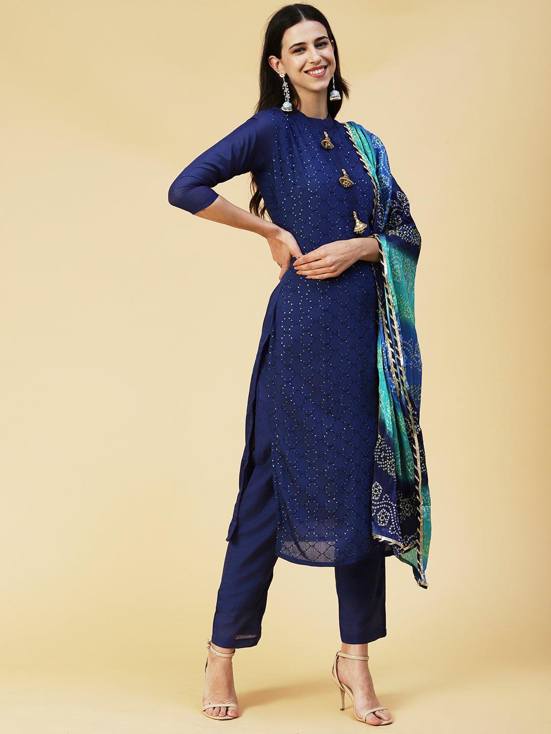 Solid Resham & Sequins Embroidered Kurta With Pants & Bandhani Dupatta - Blue - Indiakreations