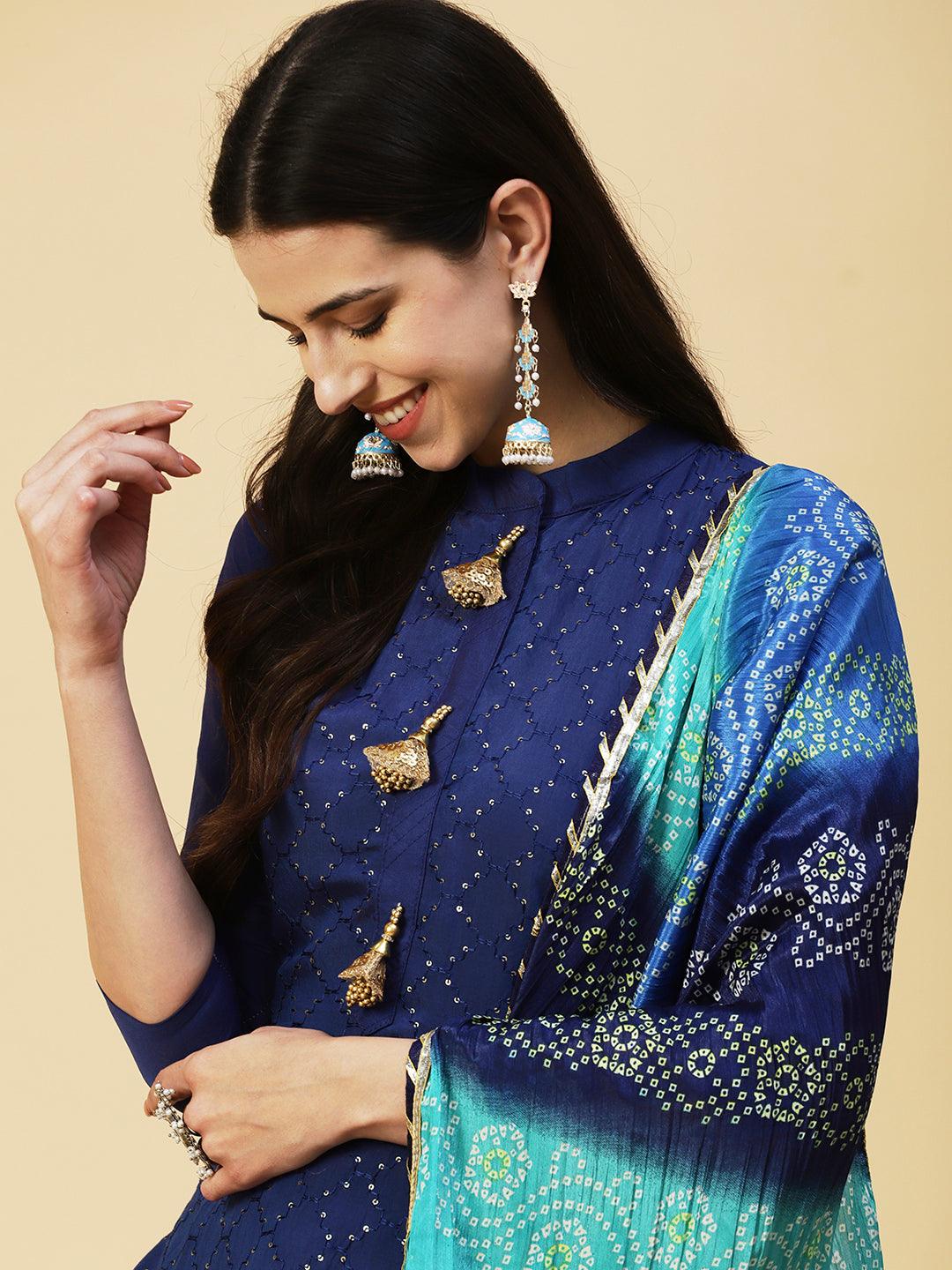 Solid Resham & Sequins Embroidered Kurta With Pants & Bandhani Dupatta - Blue - Indiakreations