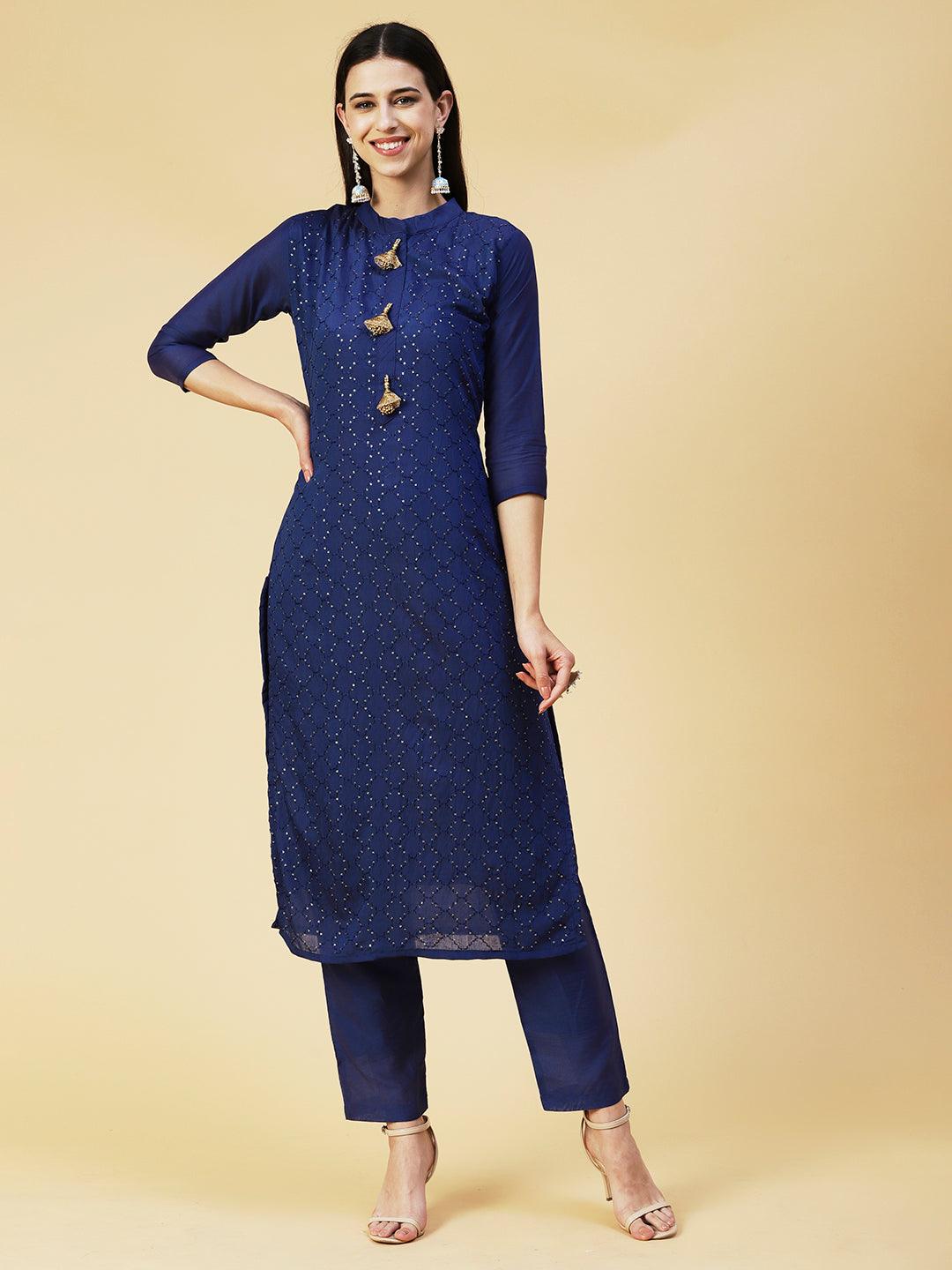 Solid Resham & Sequins Embroidered Kurta With Pants & Bandhani Dupatta - Blue - Indiakreations