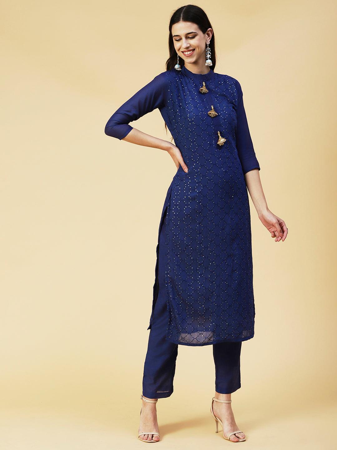 Solid Resham & Sequins Embroidered Kurta With Pants & Bandhani Dupatta - Blue - Indiakreations