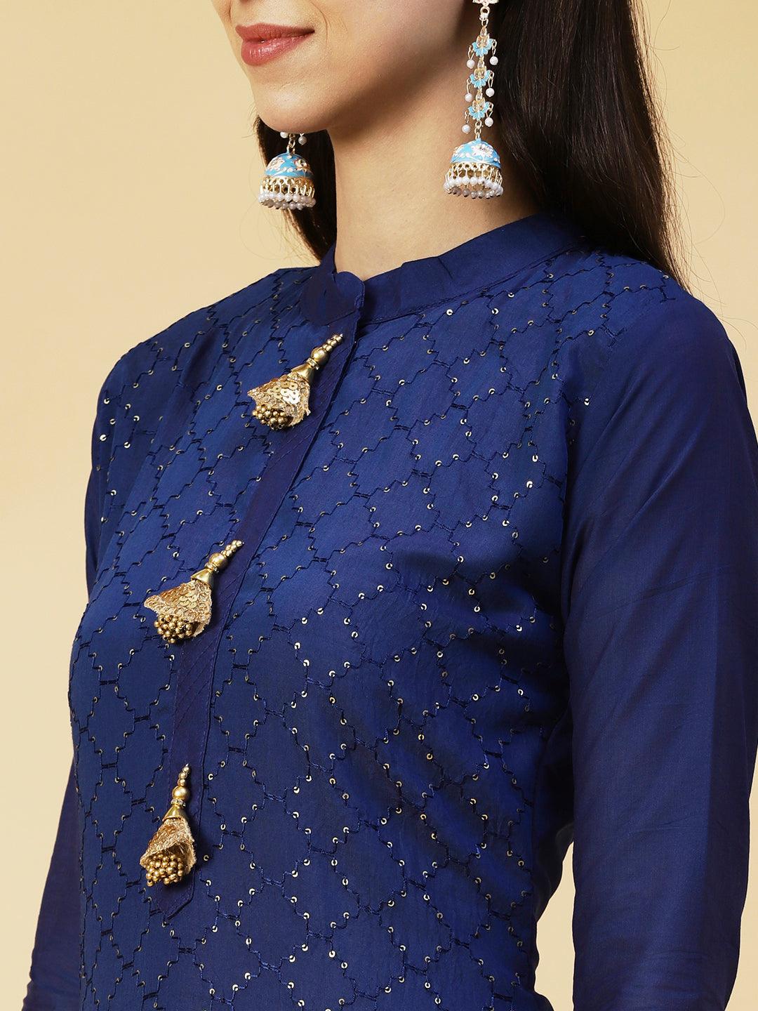 Solid Resham & Sequins Embroidered Kurta With Pants & Bandhani Dupatta - Blue - Indiakreations