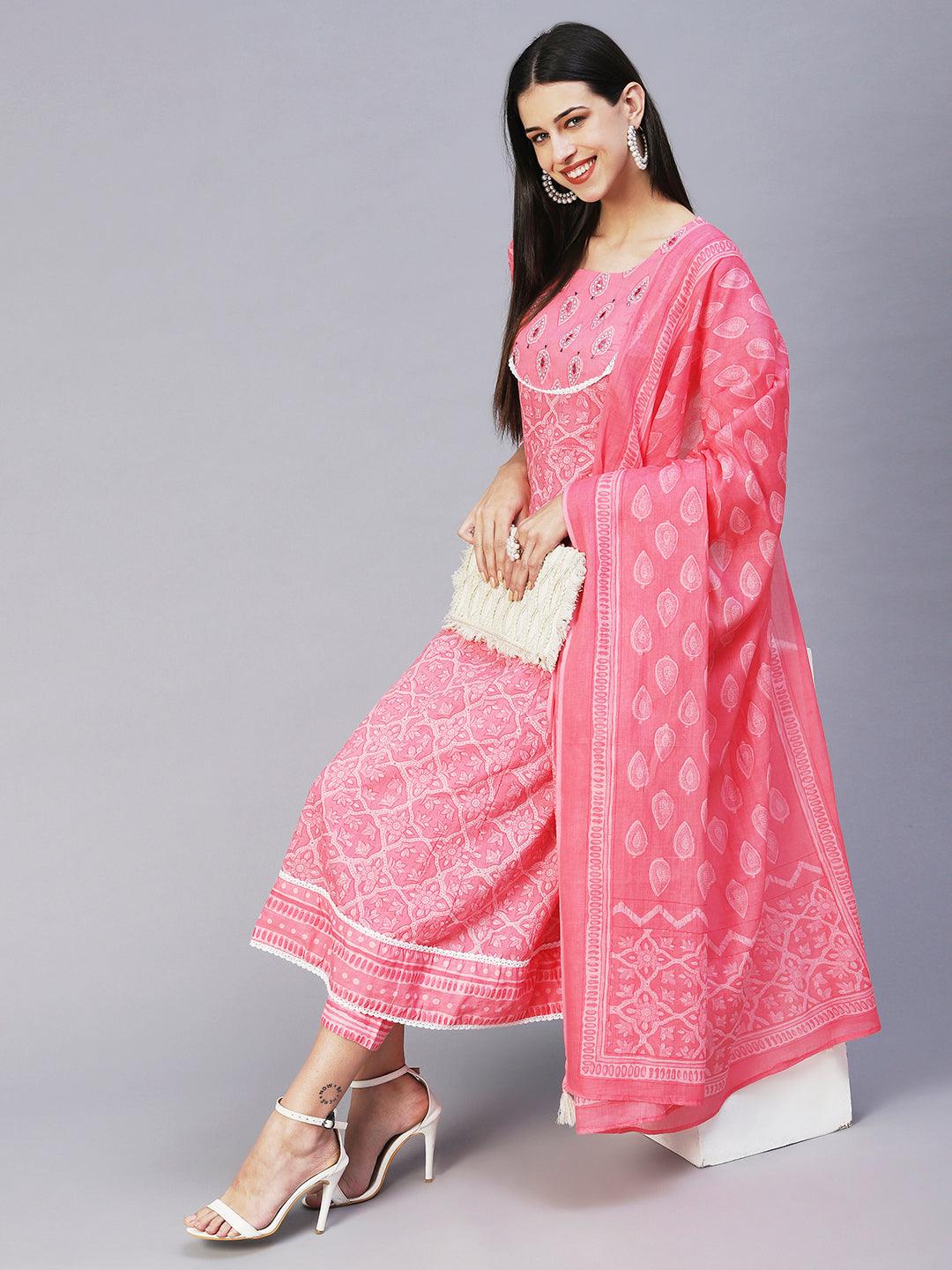 Floral Printed Mirror Embroidered Anarkali Kurta With Printed Pants & Dupatta - Pink - Indiakreations