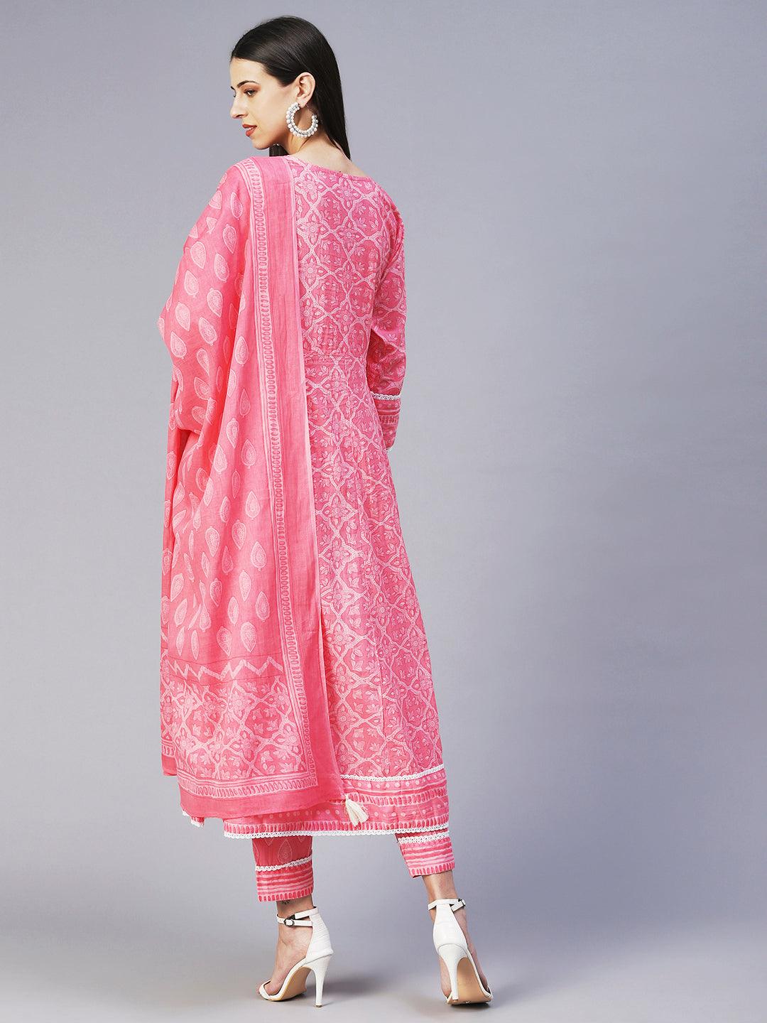 Floral Printed Mirror Embroidered Anarkali Kurta With Printed Pants & Dupatta - Pink - Indiakreations