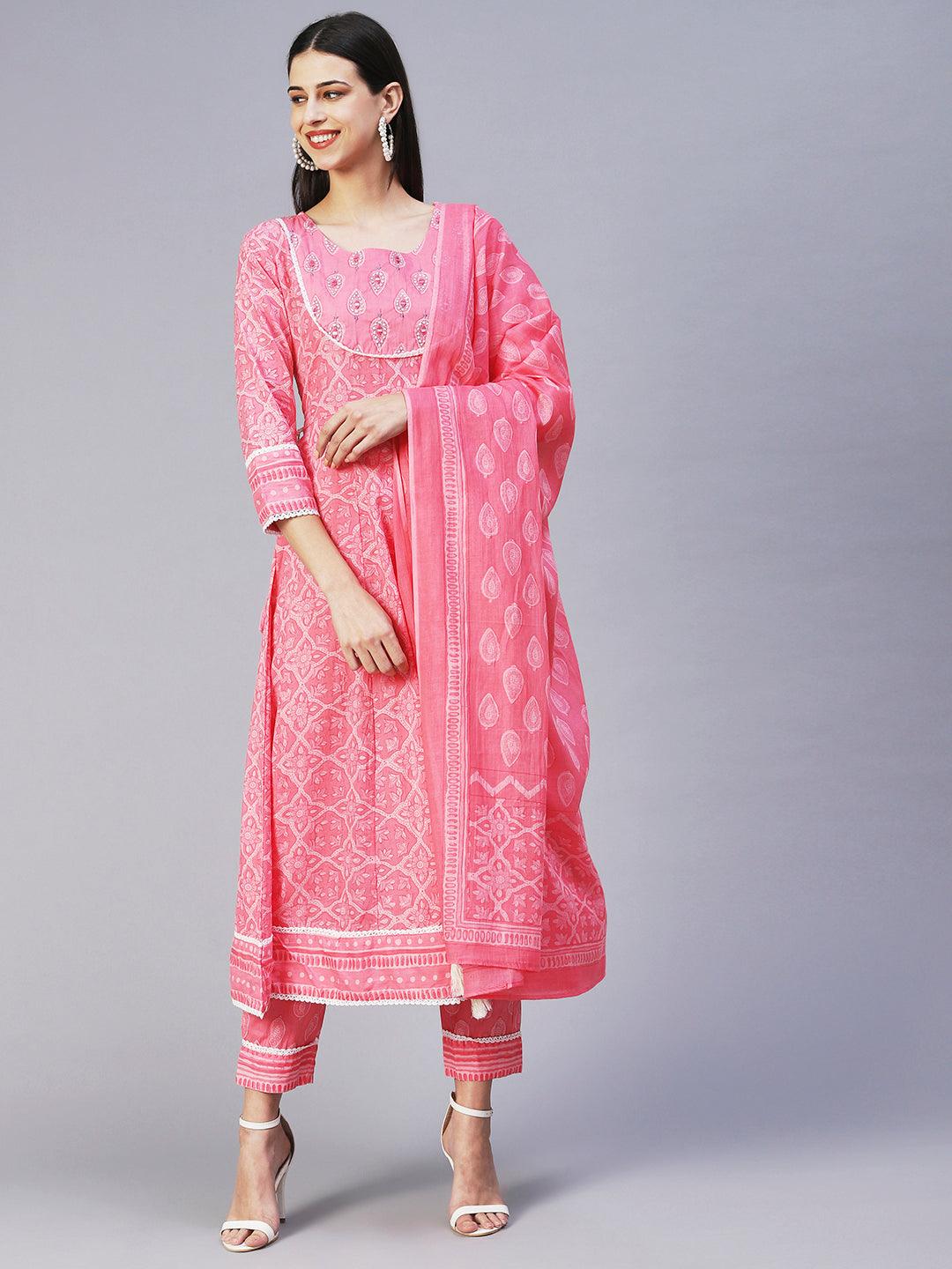 Floral Printed Mirror Embroidered Anarkali Kurta With Printed Pants & Dupatta - Pink - Indiakreations